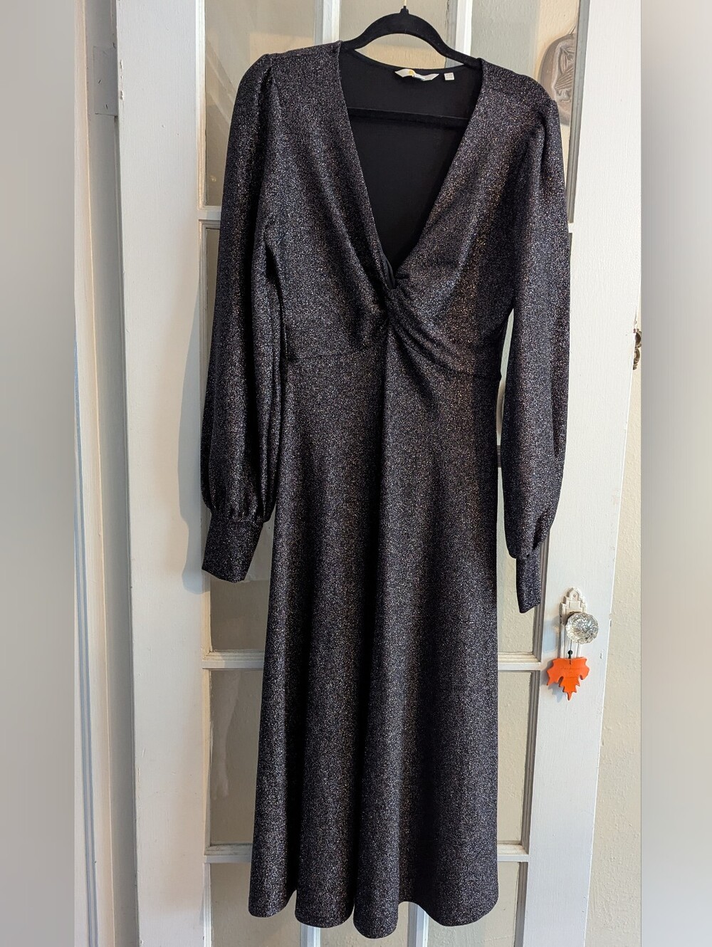 Boden Black Glitter Midi Surplice Dress 10 Large NWOT - Picture 2 of 7